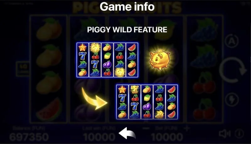 Piggy Fruits - spelskärm med ett 5x4-rutnät och fruktsymboler
